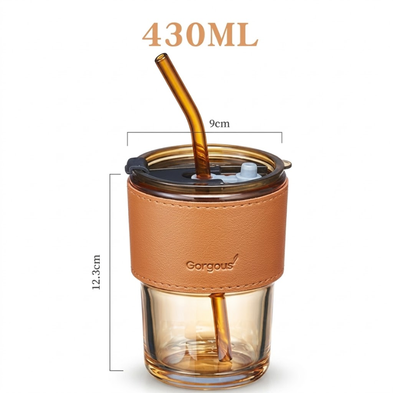 Sipper Coffee Mug – 430ml Acrylic Mug with Leather Strap &amp; Straw
