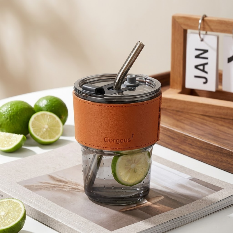 Sipper Coffee Mug – 430ml Acrylic Mug with Leather Strap &amp; Straw