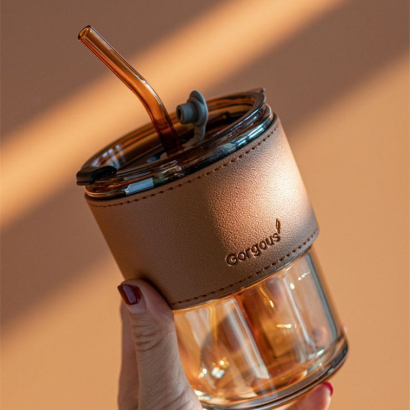 Sipper Coffee Mug – 430ml Acrylic Mug with Leather Strap &amp; Straw