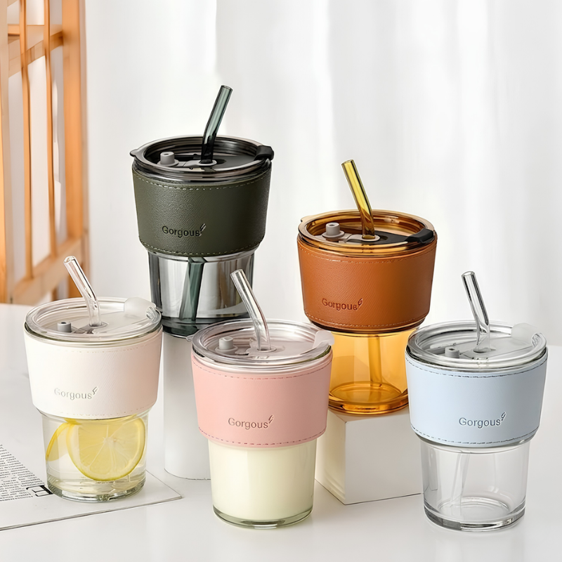 Sipper Coffee Mug – 430ml Acrylic Mug with Leather Strap &amp; Straw