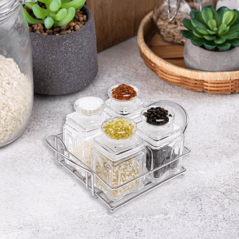 4-Piece Spice Shaker Set – Transparent Acrylic Containers with Stainless Steel Base