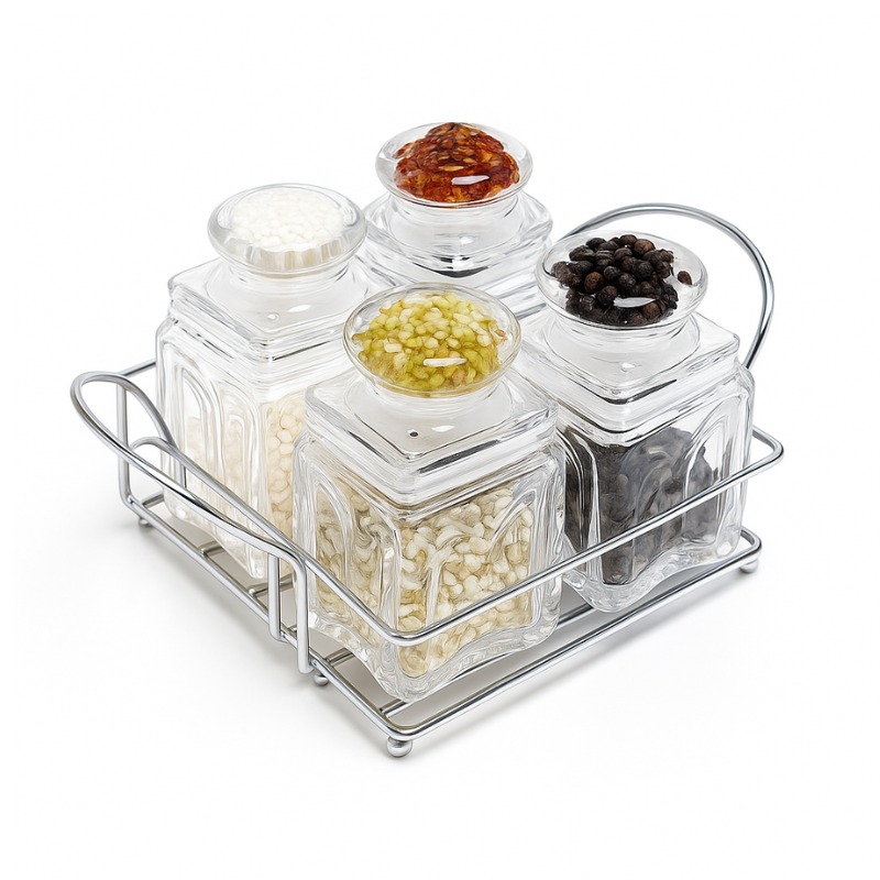 4-Piece Spice Shaker Set – Transparent Acrylic Containers with Stainless Steel Base