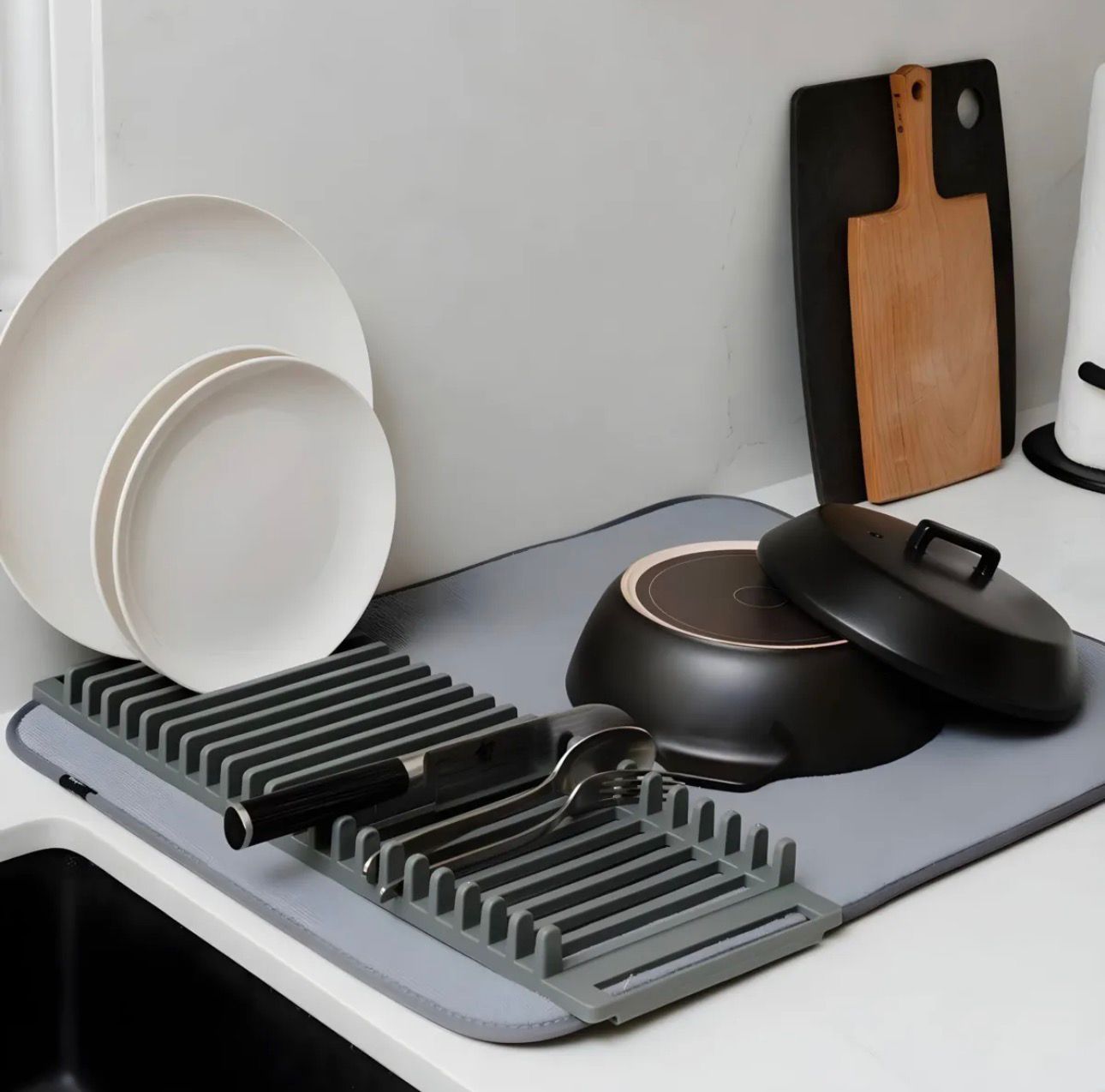 Dish Drying Mat, Removable Dish Rack Tray, Dish Rack & Drying Mat for Kitchen Countertop, Sink - Drain and Dry Wine Glasses, Bowls and Dishes