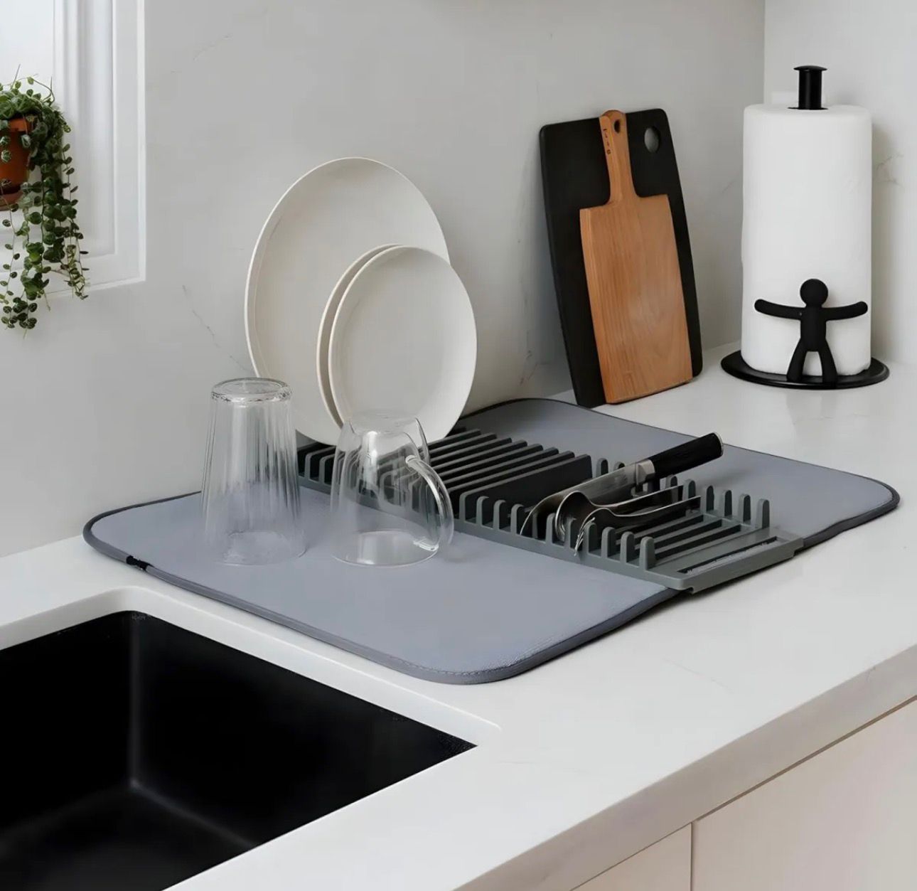 Dish Drying Mat, Removable Dish Rack Tray, Dish Rack & Drying Mat for Kitchen Countertop, Sink - Drain and Dry Wine Glasses, Bowls and Dishes