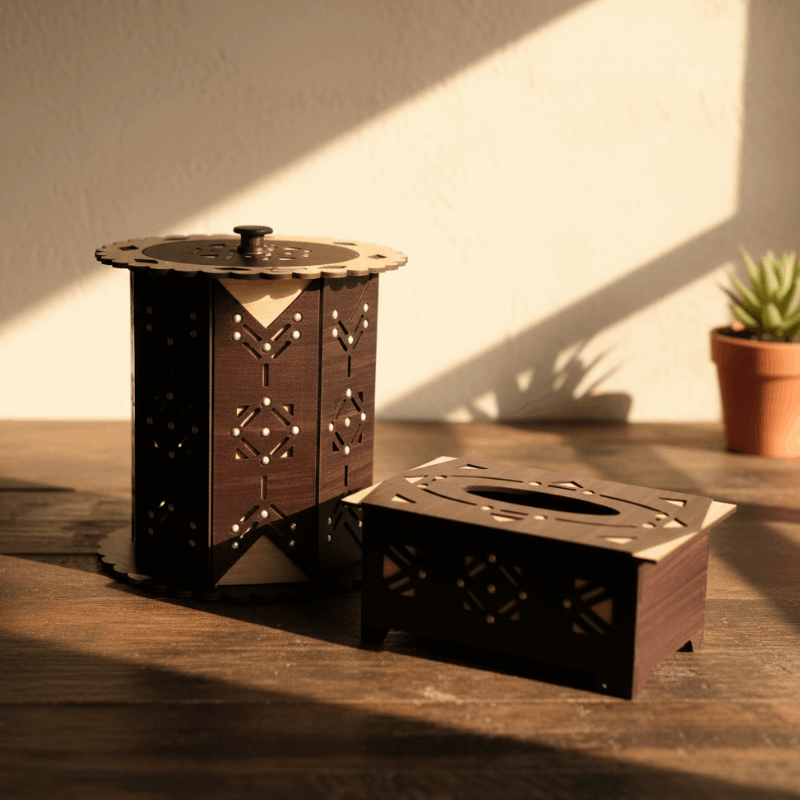 Wooden Basket & Tissue Box Set with Decorative Carving