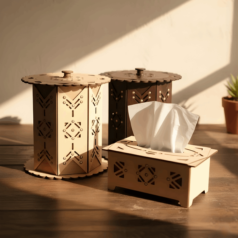Wooden Basket & Tissue Box Set with Decorative Carving