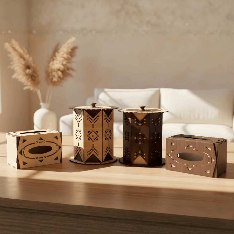 Wooden Basket & Tissue Box Set with Decorative Carving