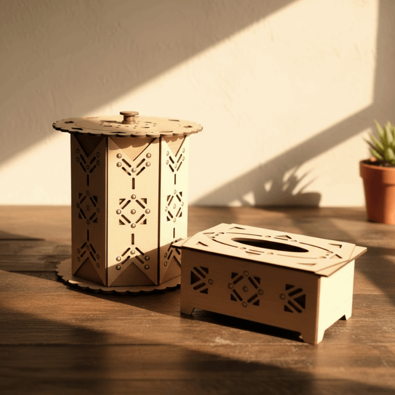 Wooden Basket & Tissue Box Set with Decorative Carving
